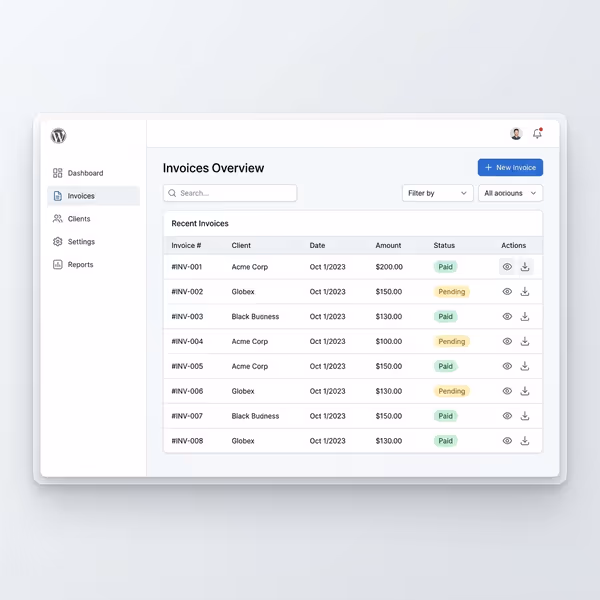 Interface du plugin WP Invoice Generator